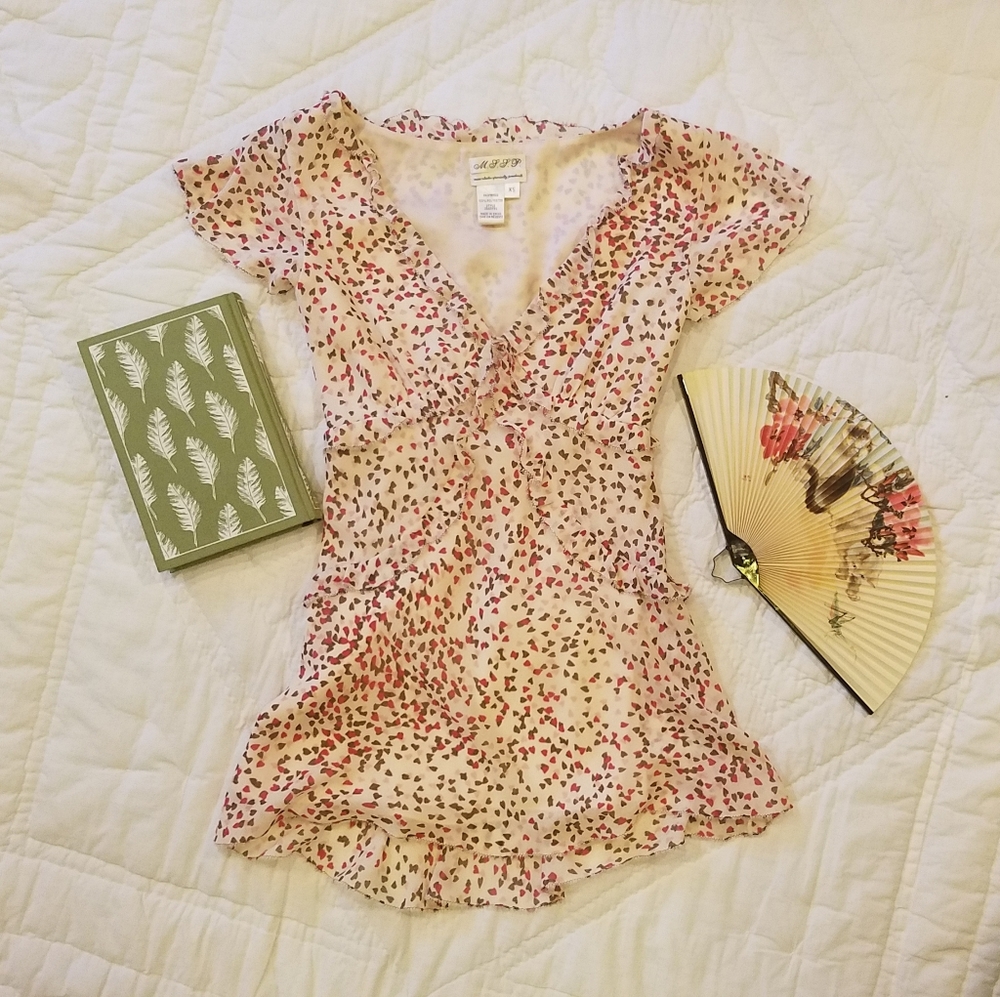 MSSP heart print chiffon top romantic ruffles XS